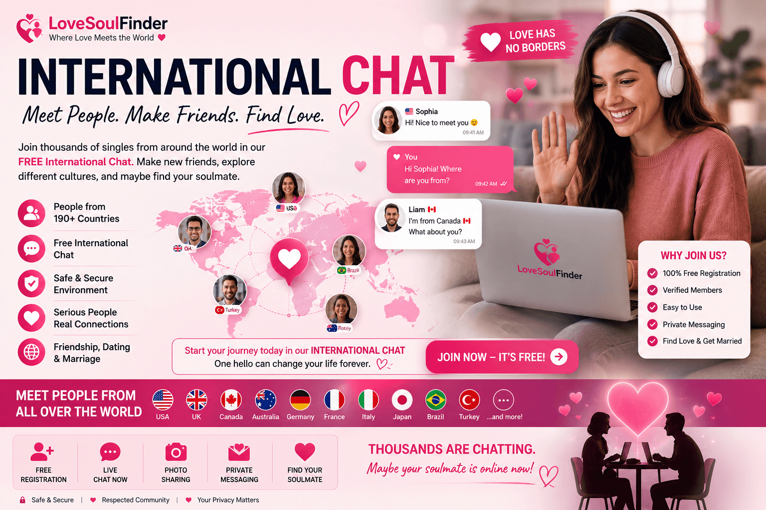 International Chat – Free Global Dating & Chat Room on LoveSoulFinder for meeting singles from over 100 countries.