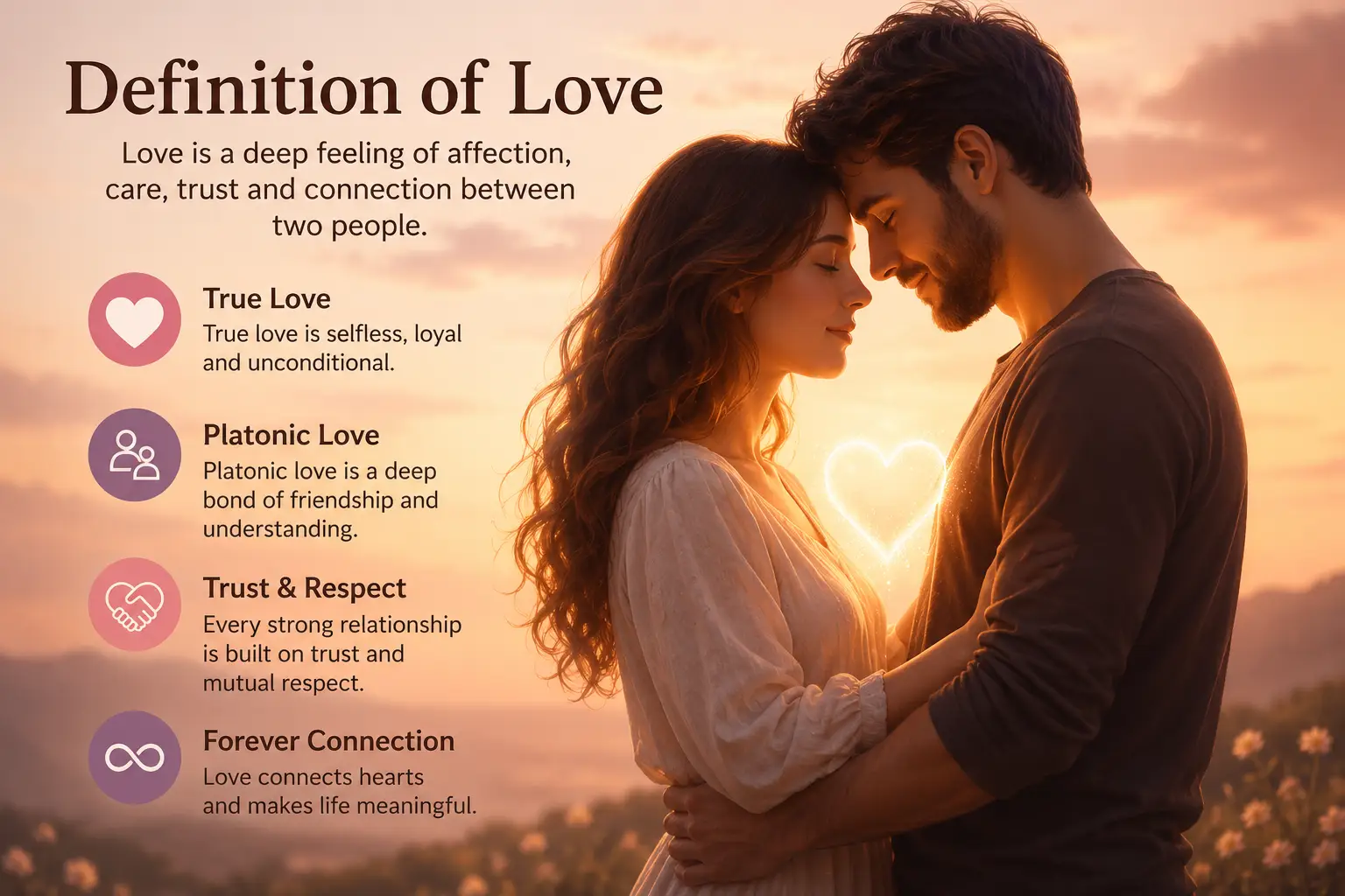 Definition of Love illustration showing true love, platonic love, trust, and emotional connection between a couple