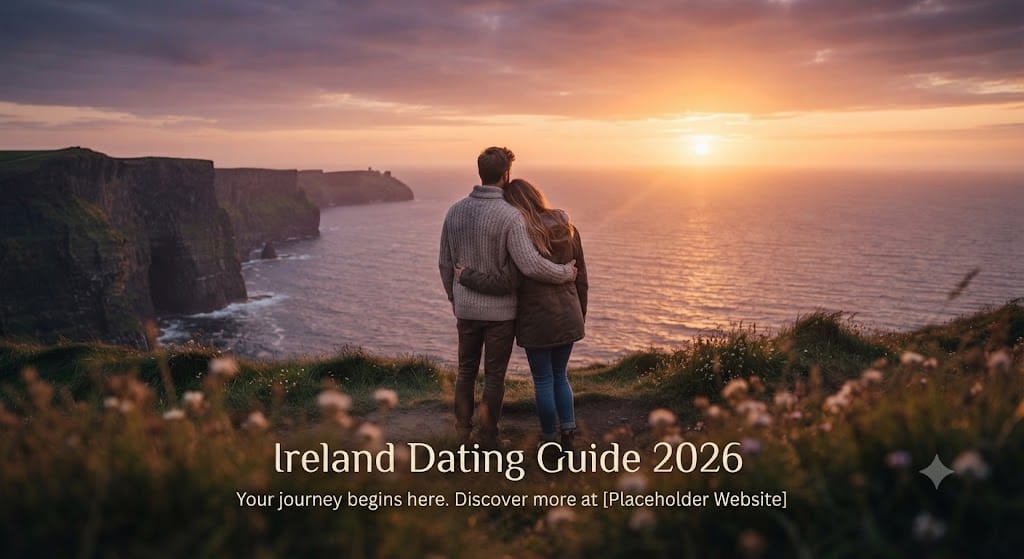 A featured image for the Ireland Dating Guide 2026 showing Ireland's beautiful coastline, romantic scenery, Irish couples, and iconic landmarks. This guide helps readers discover Irish dating culture, meet local singles, explore romantic places, and build meaningful relationships.