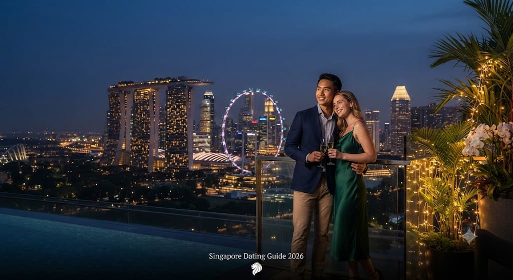Singapore Dating Guide 2026 featuring Marina Bay Sands, Singapore skyline, local singles and romantic dating experiences