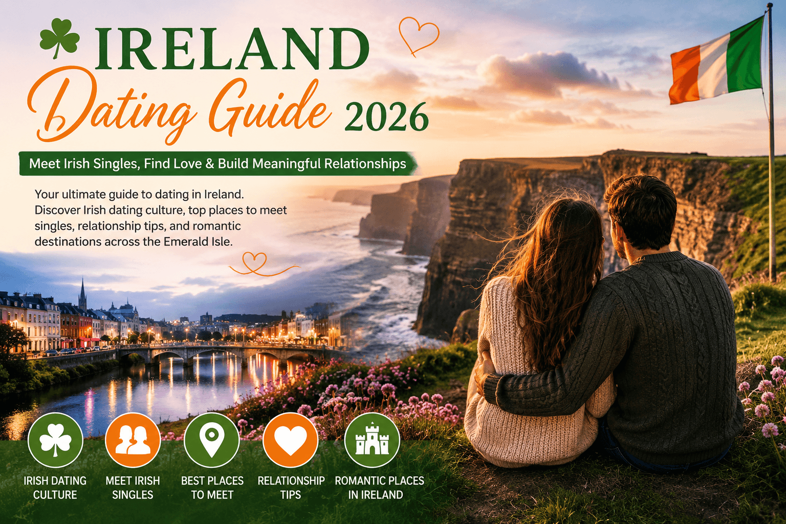 A featured image for the Ireland Dating Guide 2026 showing Ireland's beautiful coastline, romantic scenery, Irish couples, and iconic landmarks. This guide helps readers discover Irish dating culture, meet local singles, explore romantic places, and build meaningful relationships.